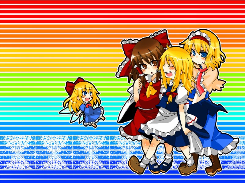 hakurei reimu, kirisame marisa, alice margatroid, and shanghai doll (touhou) drawn by takamura