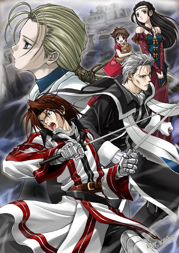 jowy atreides-blight, seed, jillia blight, pilika, and culgan (gensou suikoden and 1 more) drawn by kedo_mitsuharu