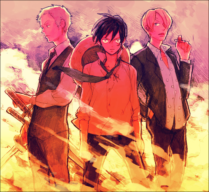 monkey d. luffy, roronoa zoro, and sanji (one piece) drawn by nyorotta