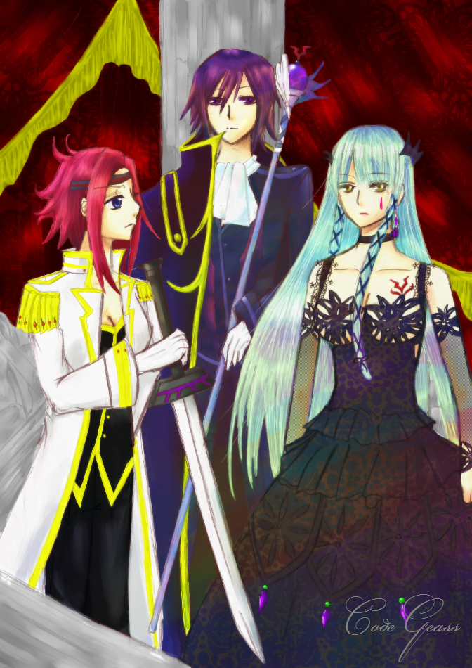 c.c., lelouch vi britannia, and kouzuki kallen (code geass) drawn by yoku_mire_ba_sushi