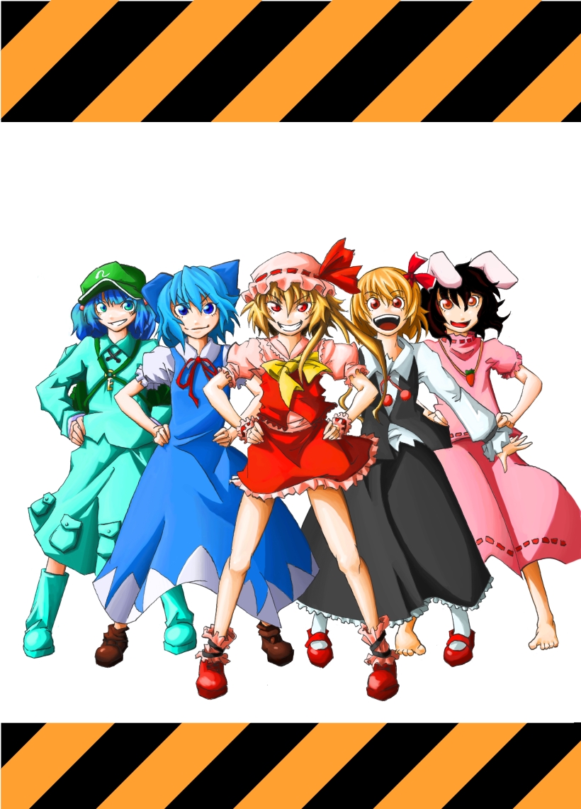 flandre scarlet, cirno, rumia, kawashiro nitori, and inaba tewi (touhou and 1 more) drawn by takuzo