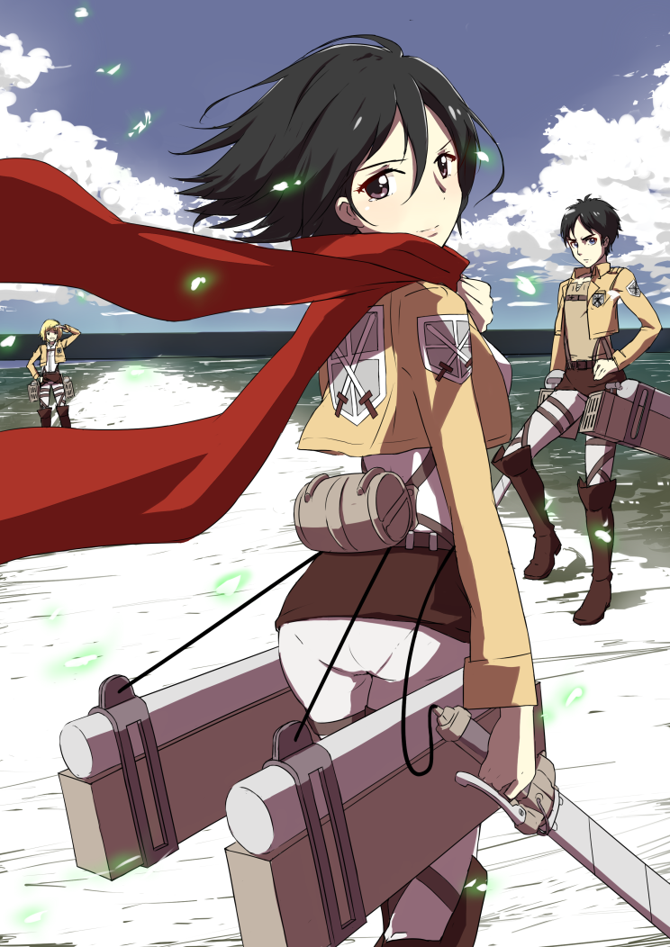 mikasa ackerman, eren yeager, and armin arlert (shingeki no kyojin) drawn by mushiboy