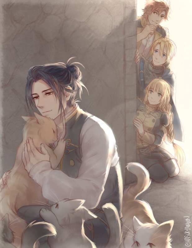 dimitri alexandre blaiddyd, ingrid brandl galatea, sylvain jose gautier, and felix hugo fraldarius (fire emblem and 1 more) drawn by jen_(hasuyawwn)