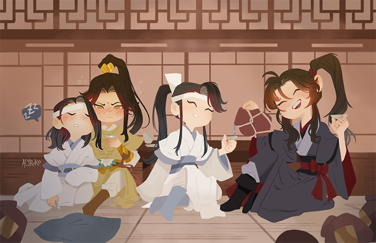 wei wuxian, lan sizhui, jin ling, and lan jingyi (modao zushi) drawn by alyruko