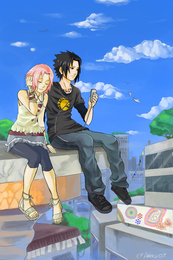 haruno sakura, uchiha sasuke, and pac-man (naruto and 2 more) drawn by arriku