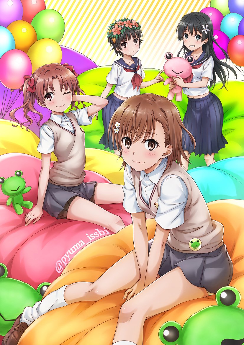misaka mikoto, shirai kuroko, saten ruiko, uiharu kazari, gekota, and 1 more (toaru majutsu no index and 1 more) drawn by isshi_pyuma