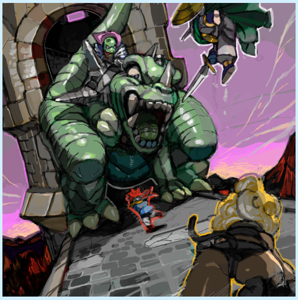 crono, ayla, frog, and azala (chrono trigger) drawn by orushibu