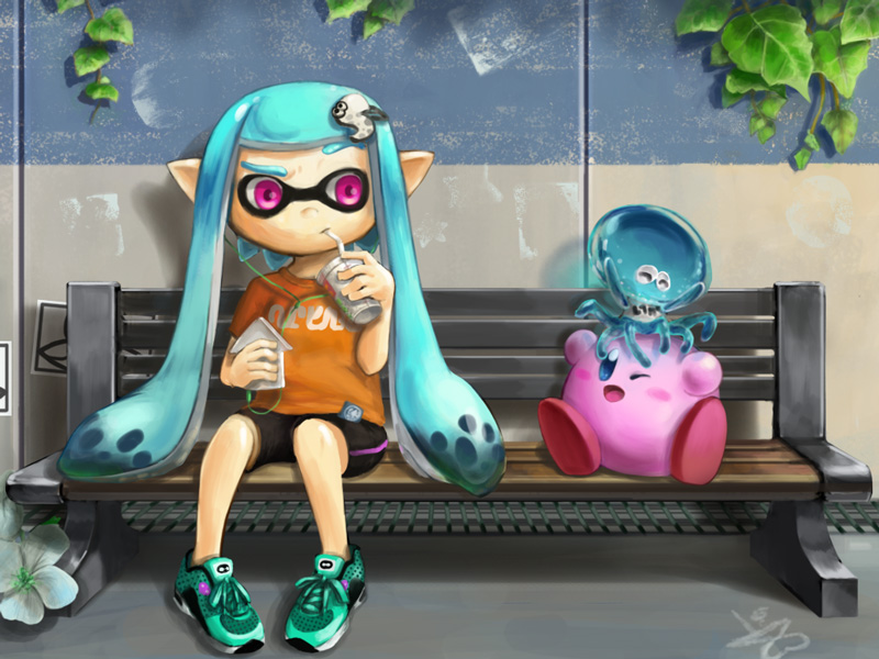 inkling player character, inkling girl, kirby, and jellyfish (splatoon and 2 more) drawn by iwaiya