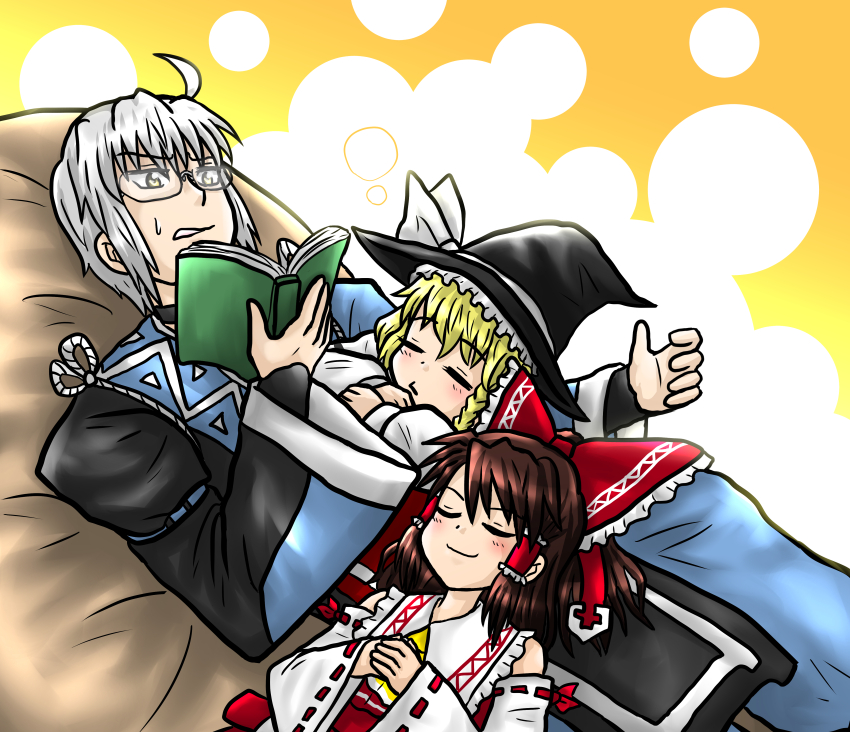 hakurei reimu, kirisame marisa, and morichika rinnosuke (touhou) drawn by enokuma_uuta