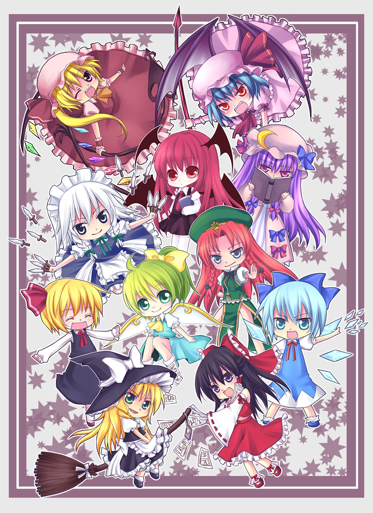 hakurei reimu, kirisame marisa, remilia scarlet, flandre scarlet, izayoi sakuya, and 6 more (touhou and 1 more) drawn by mikazuki_sara