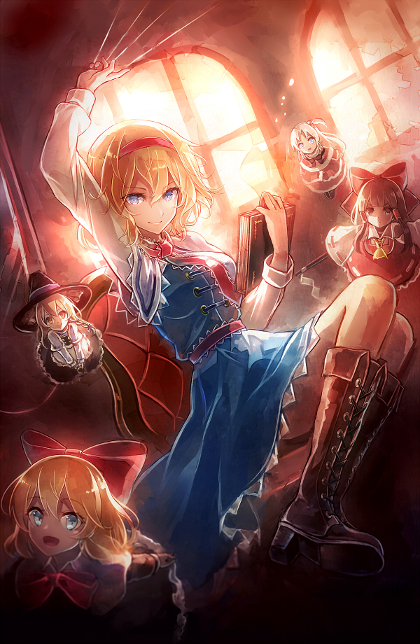 hakurei reimu, kirisame marisa, alice margatroid, shanghai doll, and shinki (touhou) drawn by 60mai