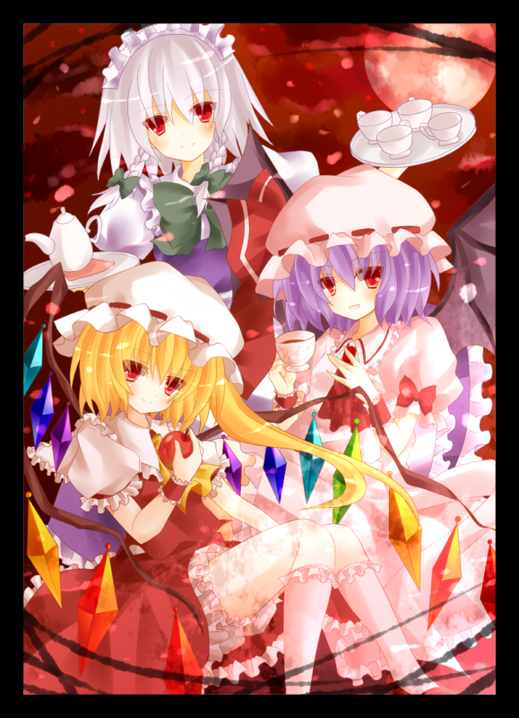 remilia scarlet, flandre scarlet, and izayoi sakuya (touhou) drawn by mogu_(au1127)
