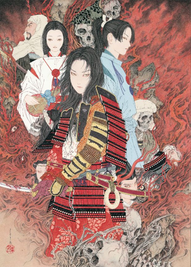 minamoto no yoshitsune, musashibou benkei, tomoe gozen, houjou yoshitoki, and minamoto no yoritomo (original) drawn by yamamoto_takato