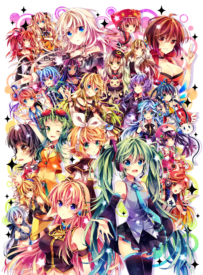 hatsune miku, kagamine rin, megurine luka, yuzuki yukari, meiko, and 20 more (vocaloid and 2 more) drawn by runako