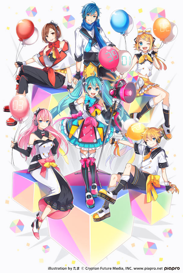 hatsune miku, kagamine rin, kagamine len, megurine luka, kaito, and 7 more (vocaloid and 1 more) drawn by tama_(songe)