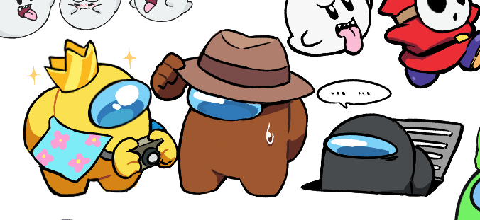 boo, crewmate, yellow, shy guy, impostor, and 3 more (mario and 1 more) drawn by kiman