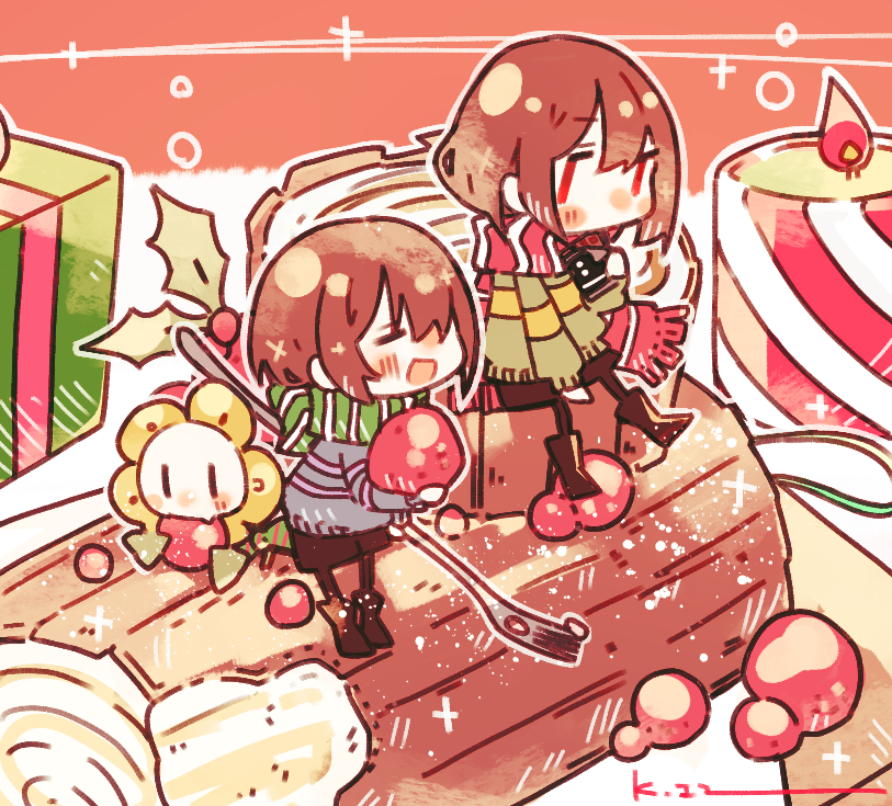 frisk, chara, and flowey (undertale) drawn by kasuga_haruhi