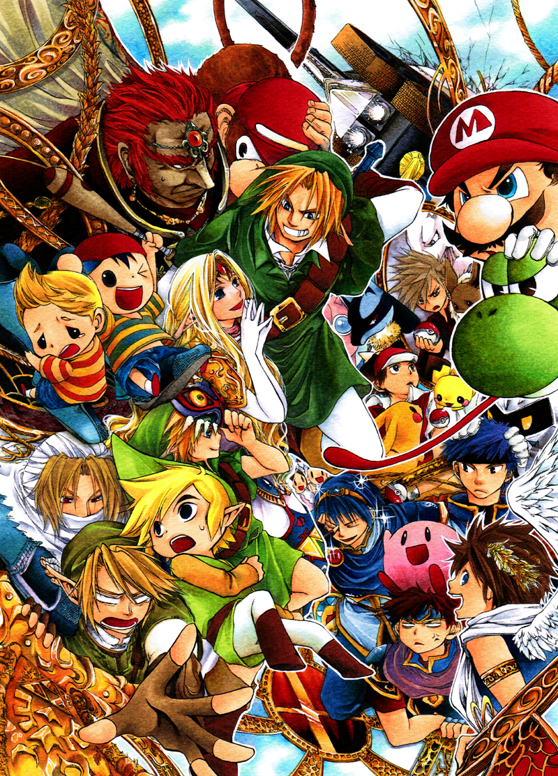 link, pikachu, princess zelda, kirby, red, and 22 more (pokemon and 18 more) drawn by midorihana_yasaiko