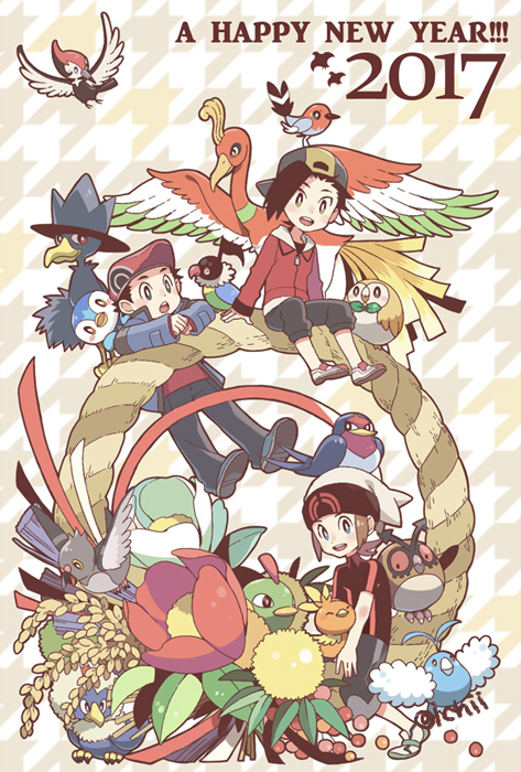 ethan, rowlet, piplup, brendan, torchic, and 12 more (pokemon and 4 more) drawn by xichii