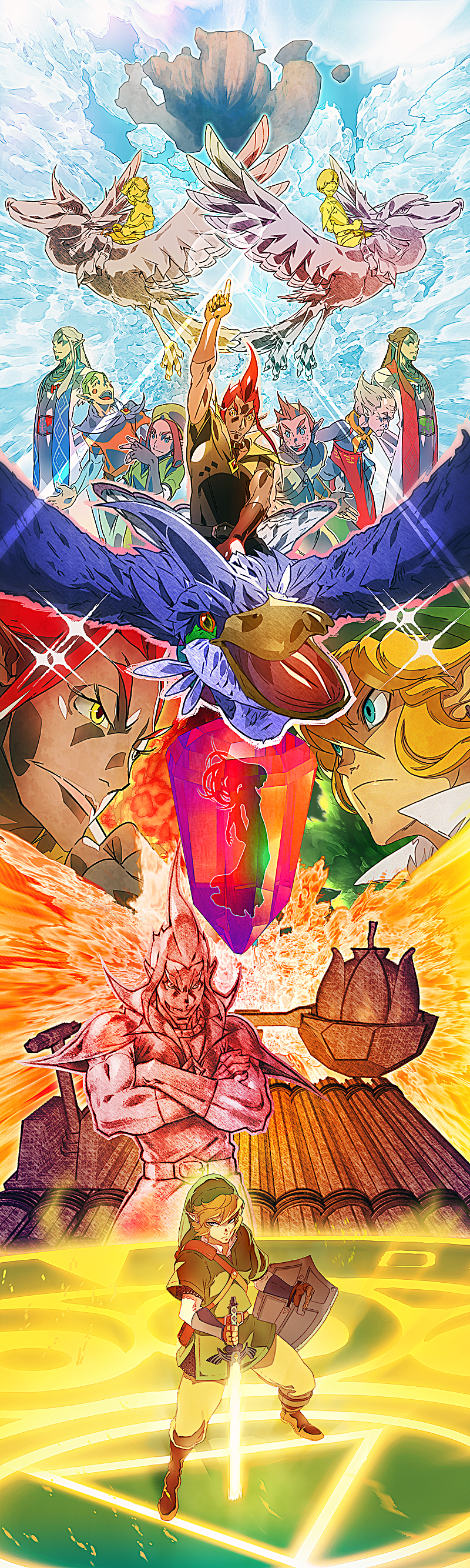 link, princess zelda, loftwing, groose, karane, and 6 more (the legend of zelda and 1 more) drawn by larry_d_warren_jr.