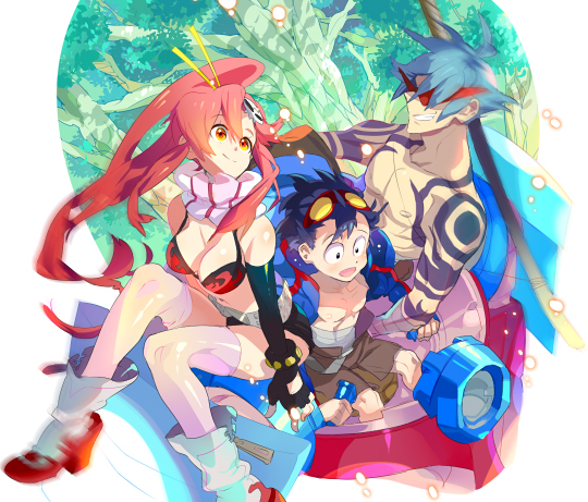 yoko littner, simon, kamina, and lagann (tengen toppa gurren lagann) drawn by mus59ga