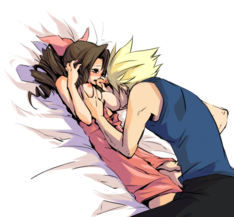cloud strife and aerith gainsborough (final fantasy and 1 more) drawn by hidaka_ryou