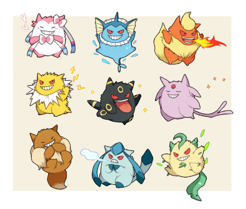 eevee, sylveon, umbreon, gengar, glaceon, and 5 more (pokemon) drawn by suirerien