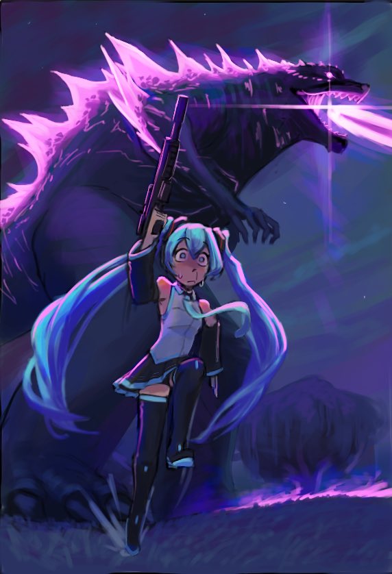 hatsune miku, godzilla, and godzilla evolved (vocaloid and 5 more) drawn by vortexexe3