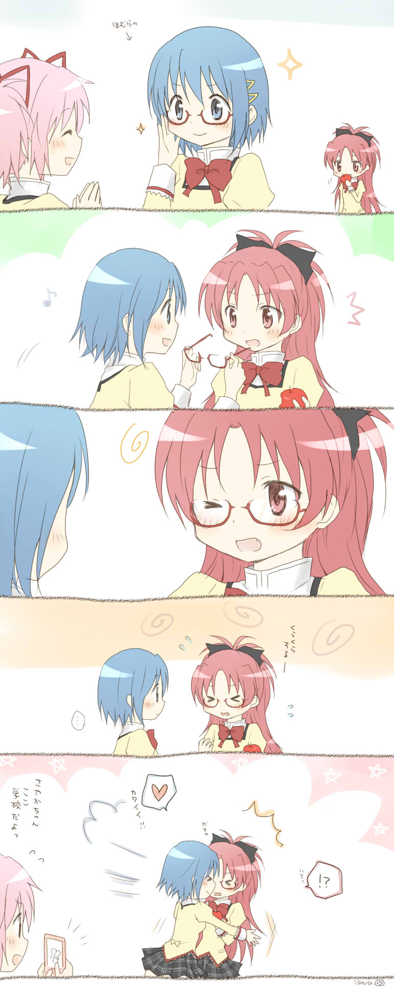 kaname madoka, miki sayaka, and sakura kyoko (mahou shoujo madoka magica) drawn by isora