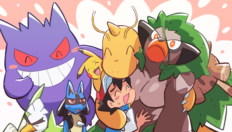pikachu, ash ketchum, lucario, gengar, dragonite, and 2 more (pokemon and 1 more) drawn by dododo_dadada