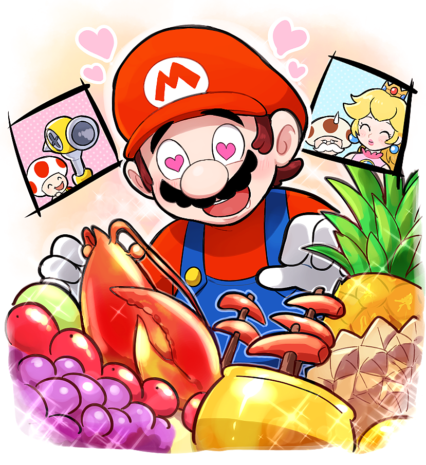 princess peach, mario, toad, red toad, f.l.u.d.d., and 1 more (mario and 1 more) drawn by hoshi_(star-name2000)