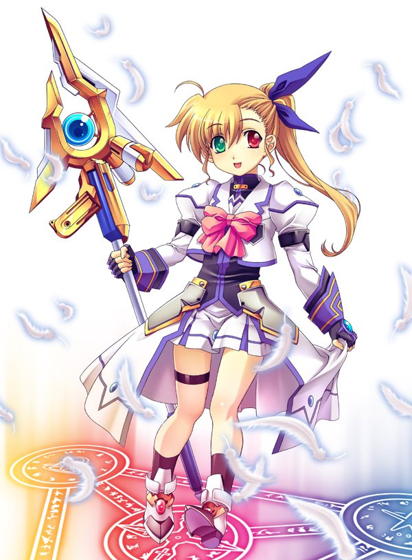 takamachi nanoha, raising heart, and vivio (lyrical nanoha and 1 more) drawn by nagayori