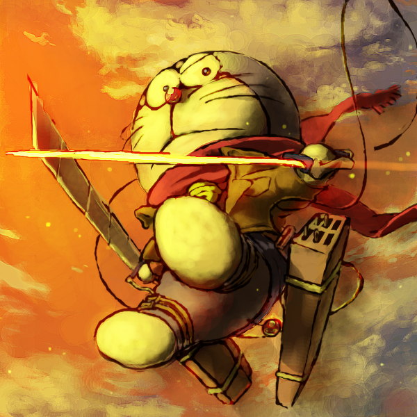 mikasa ackerman and doraemon (shingeki no kyojin and 1 more) drawn by ichinoniwa