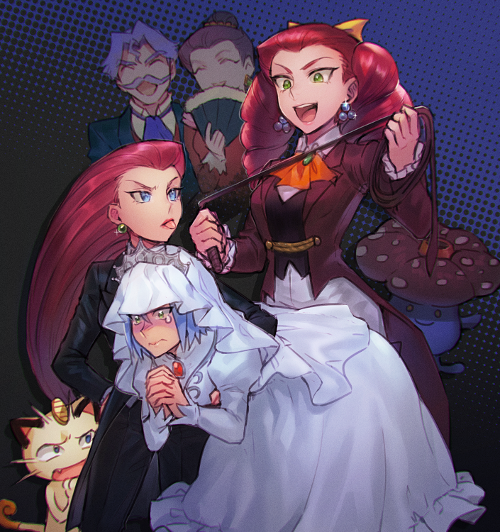 jessie, james, meowth, vileplume, jessebelle, and 2 more (pokemon) drawn by apple_brk
