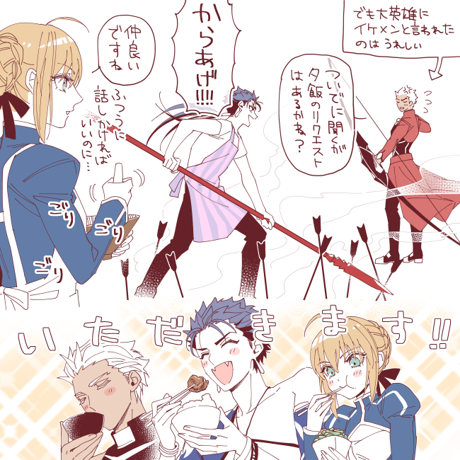 artoria pendragon, saber, cu chulainn, and archer (fate and 2 more) drawn by zakuro_(zkr_108)