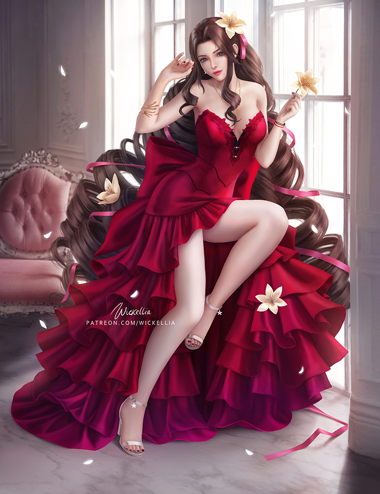 aerith gainsborough (final fantasy and 2 more) drawn by wickellia