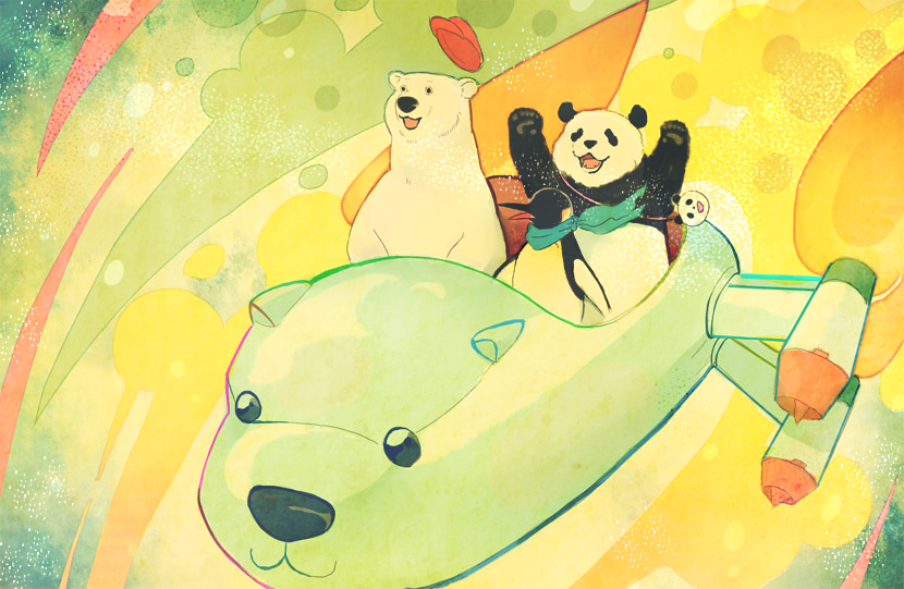 shirokuma, panda, and penguin (shirokuma cafe) drawn by kotako_namu