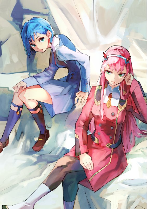 zero two and ichigo (darling in the franxx) drawn by geetgeet