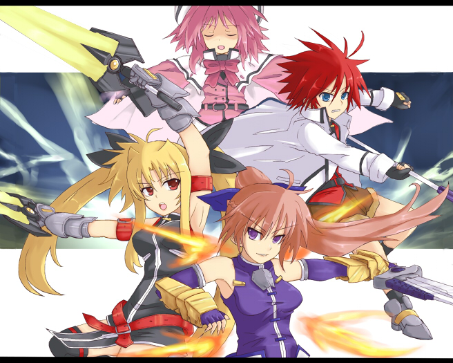 fate testarossa, bardiche, signum, caro ru lushe, laevatein, and 4 more (lyrical nanoha and 2 more) drawn by yude