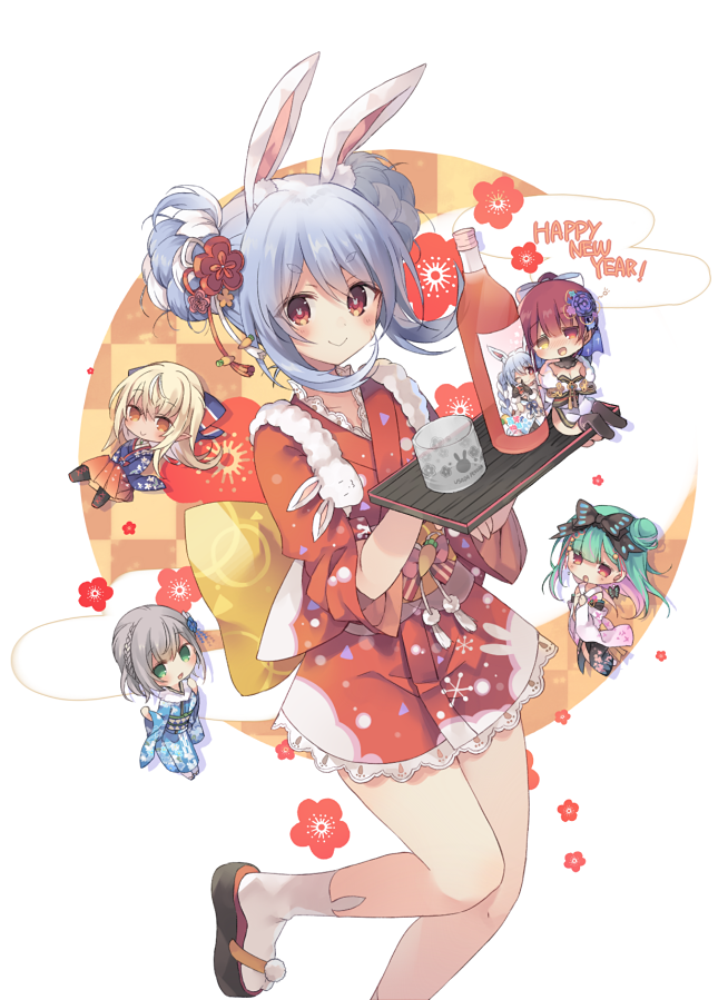 houshou marine, usada pekora, shirogane noel, uruha rushia, and shiranui flare (hololive) drawn by rento_(rukeai)