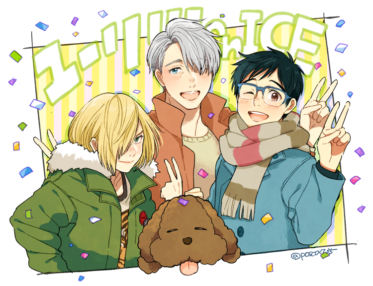katsuki yuuri, viktor nikiforov, yuri plisetsky, and makkachin (yuri!!! on ice) drawn by posca