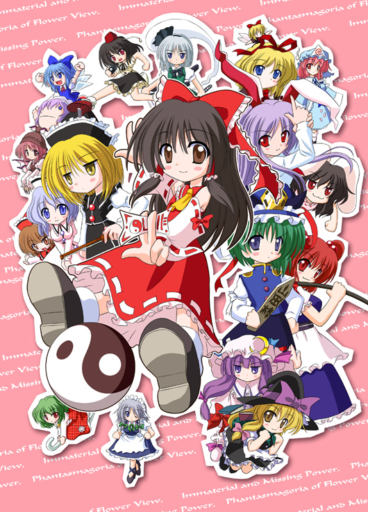 hakurei reimu, kirisame marisa, izayoi sakuya, konpaku youmu, cirno, and 14 more (touhou and 2 more) drawn by yamu_(reverse_noise)