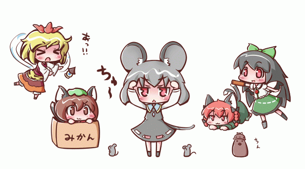 kaenbyou rin, chen, reiuji utsuho, mystia lorelei, nazrin, and 1 more (touhou) drawn by maitora