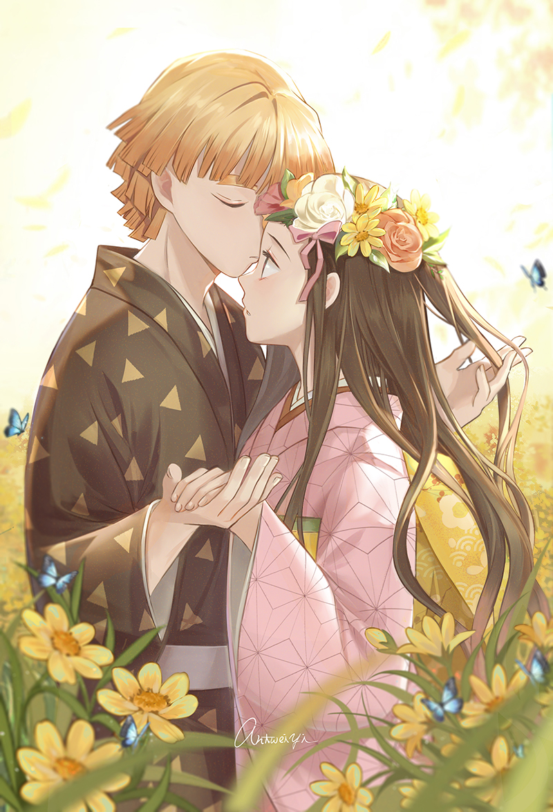kamado nezuko and agatsuma zenitsu (kimetsu no yaiba) drawn by antweiyi