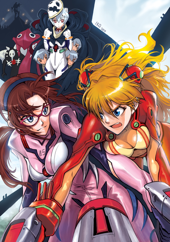souryuu asuka langley, ayanami rei, makinami mari illustrious, eva 01, sachiel, and 2 more (neon genesis evangelion and 2 more) drawn by infish