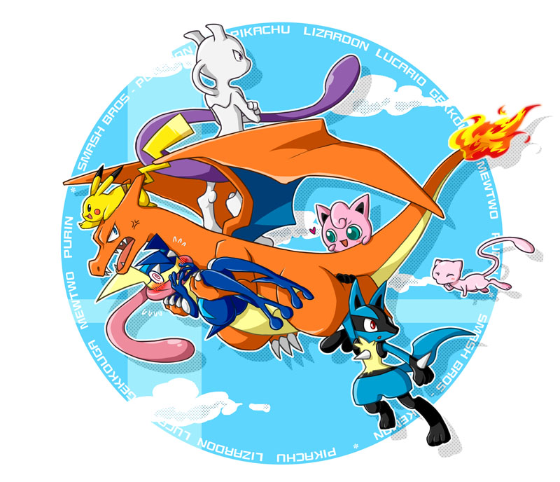 pikachu, charizard, lucario, mew, mewtwo, and 1 more (pokemon and 1 more) drawn by hatsuru_826