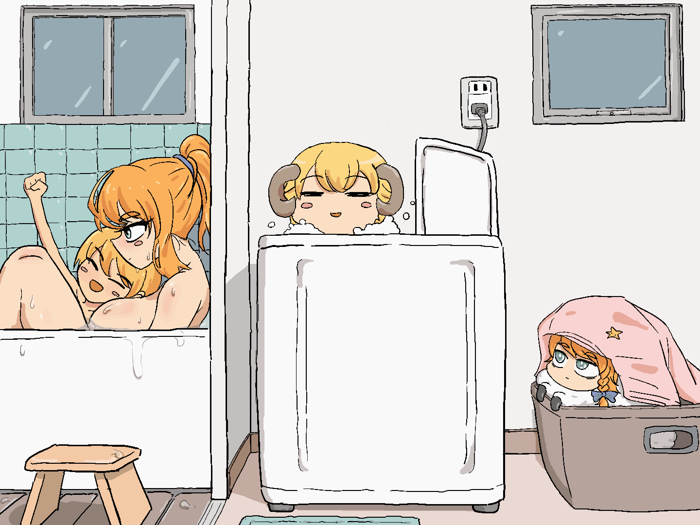 hakurei reimu, kirisame marisa, rei, mars, suzu, and 1 more (touhou and 1 more) drawn by kyuuden