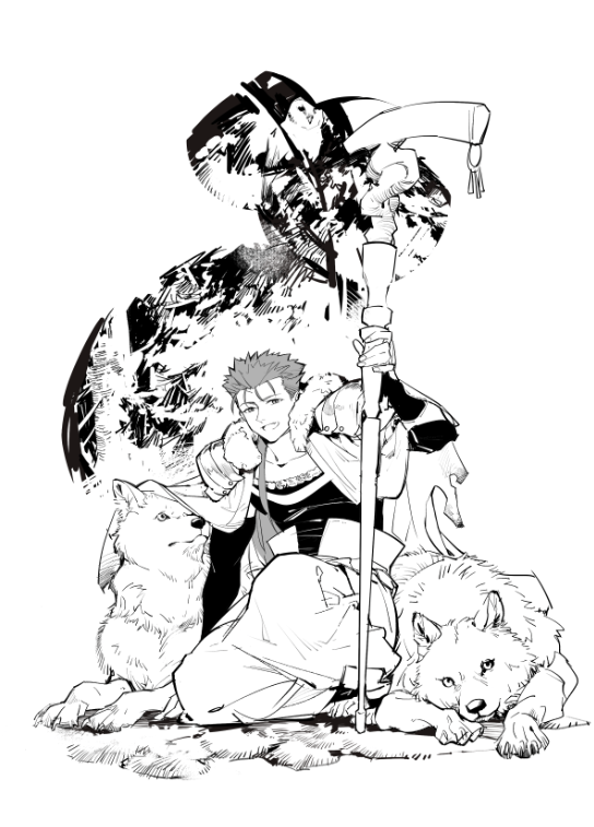 cu chulainn and freki and geri (fate and 1 more) drawn by guttia