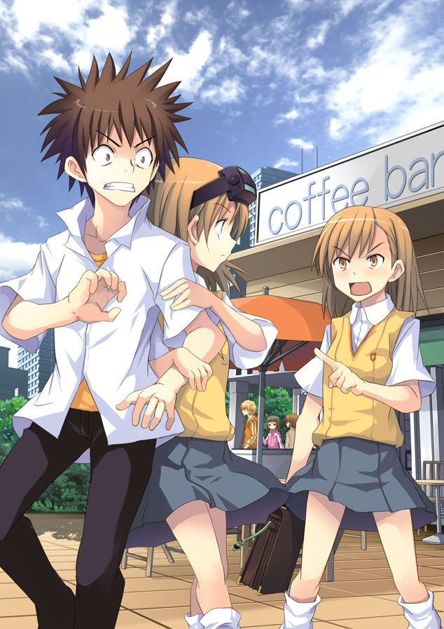 misaka mikoto, kamijou touma, misaka imouto, kinuhata saiai, takitsubo rikou, and 2 more (toaru majutsu no index) drawn by yuuji_overall