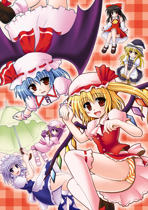 hakurei reimu, kirisame marisa, remilia scarlet, flandre scarlet, izayoi sakuya, and 1 more (touhou) drawn by nagana_sayui